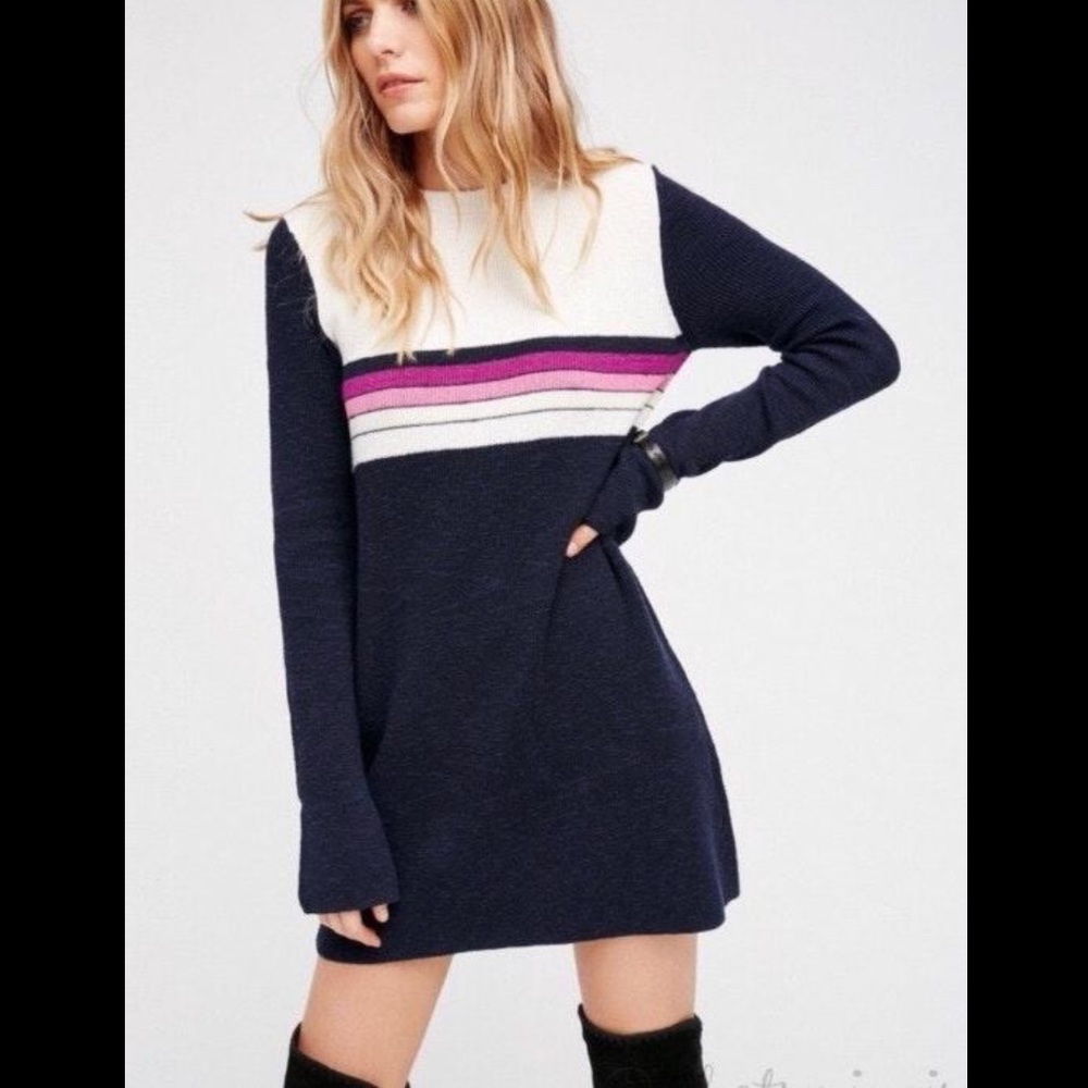 Free People Navy Stripe Long Sleeve Sweater Dress